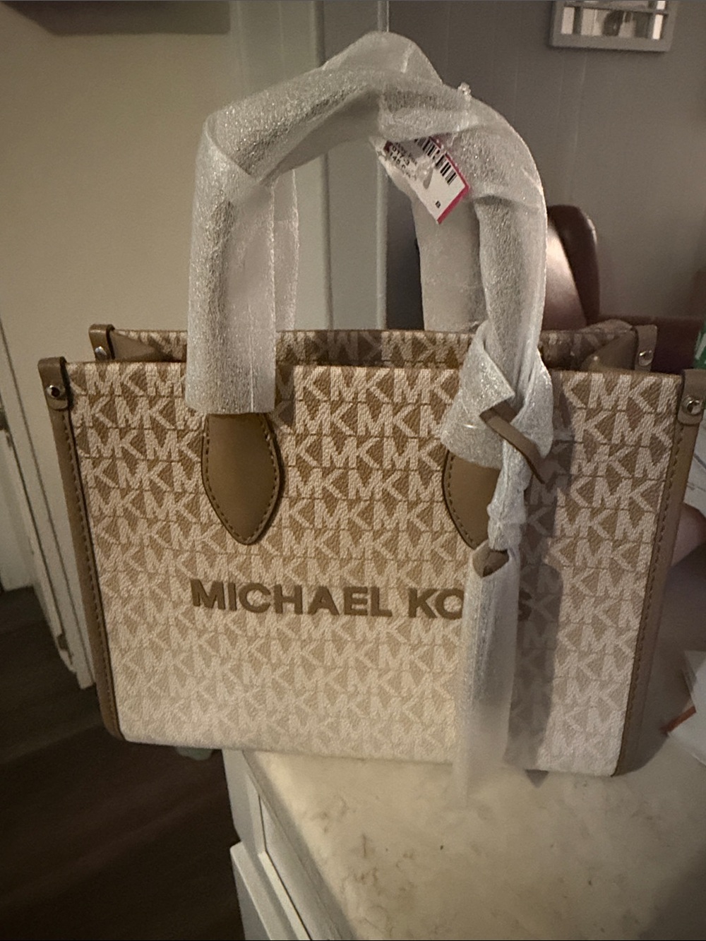 Michael Kors Beige Signature MK Canvas Tote with Tan Trim